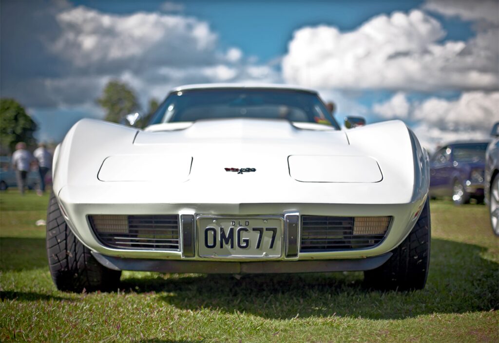 close up of front of white Corvette